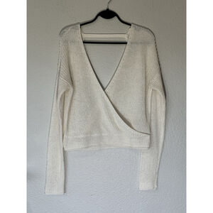 Forever 21 Cream Wrap Knit Sweater M Deep V Backless Long sleeve Cropped Trendy